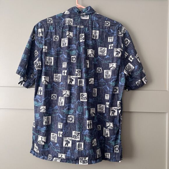 Reyn Spooner Okinawan Village Aloha Shirt Mens Sz Medium Blue Classic Hawaiian - Picture 2 of 15